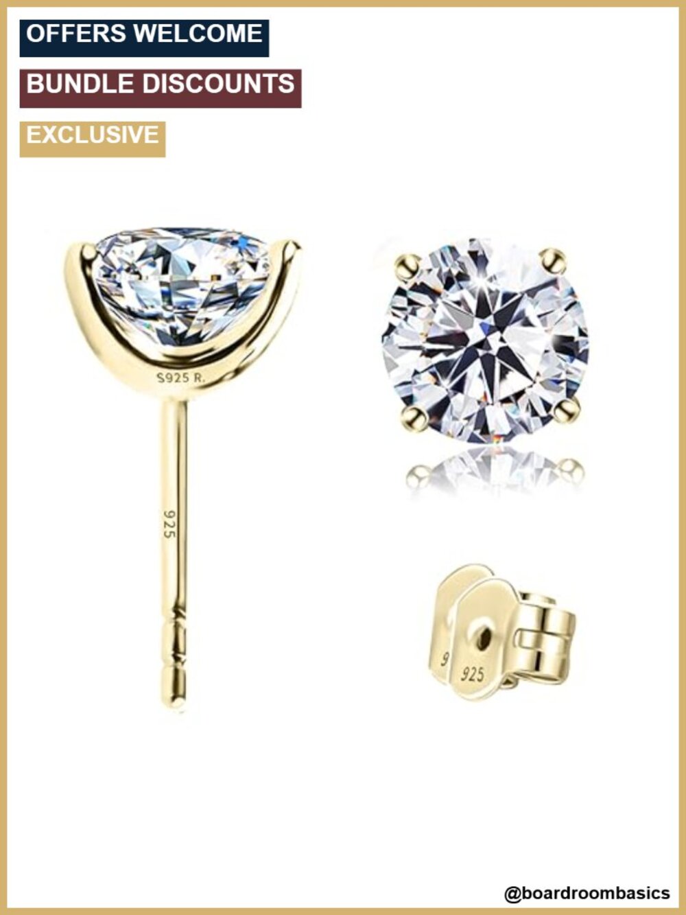 4-Prong Cubic Zirconia Stud Earrings 925 Silver 14K Gold Post Hypoallergenic
